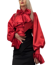 Load image into Gallery viewer, Ruffle Cascade Puff Sleeve Silk Charmeuse Shirt