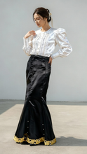 Load image into Gallery viewer, Black long pearl embellished satin tulip skirt in XS S M L XL 2XL 3XL