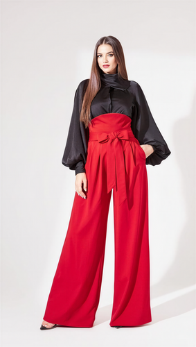 High-Rise Cotton Satin Palazzo Trousers In Tango Red Color