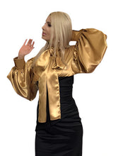 Load image into Gallery viewer, Gold pussy-bow silk puff sleeve blouse in sizes women XS S M L XL 2XL 3XL 4XL