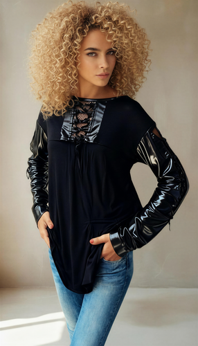 Jersey&Mesh LooseFitting Blouse With Satin Elements