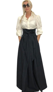 Pleated Cotton High-Rise Maxi Skirt With Functional Pockets