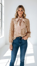 Load image into Gallery viewer, Balloon Sleeve Sequin Tiered Fringe Sheer Bow  Blouse