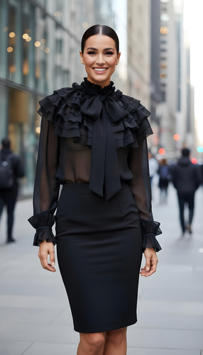 Black ruffled chiffon blouse in women's sizes XS S M L XL 2XL 3XL 4XL