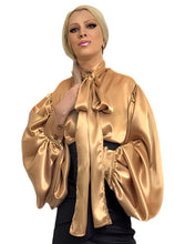 Load image into Gallery viewer, Gold pussy-bow silk puff sleeve blouse in sizes women XS S M L XL 2XL 3XL 4XL