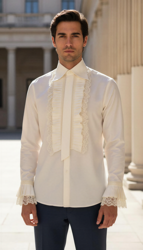 Ivory Ruffle Cotton & Lace Men’s Dress Shirt In  Sizes S M L XL 2XL 3XL