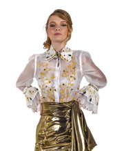 Load image into Gallery viewer, Embellished semi-fitting white organza blouse in sizes XS S M L XL 2XL 3XL 4XL