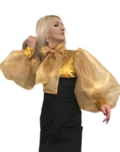 Load image into Gallery viewer, Gold Bow-Neck  Satin-Organza Balloon-Sleeved Blouse
