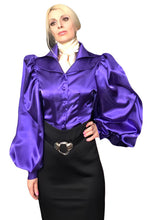 Load image into Gallery viewer, Deep purple lapel collar satin puff sleeve top in sizes XS S M L XL 2XL 3XL 4XL