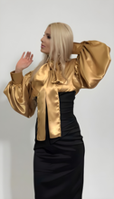 Load image into Gallery viewer, Gold pussy-bow silk puff sleeve blouse in sizes women XS S M L XL 2XL 3XL 4XL
