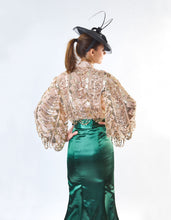 Load image into Gallery viewer, Balloon Sleeve Sequin Tiered Fringe Sheer Bow  Blouse
