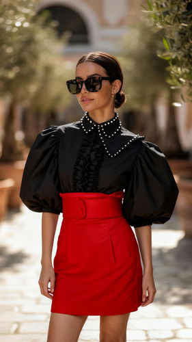 Black pearls embellished cotton ruffle top in XS S M L XL 2XL 3XL 4XL