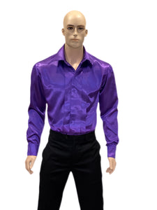 Purple Pleated Front Satin Dress Shirt