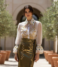 Load image into Gallery viewer, Embellished semi-fitting white organza blouse in sizes XS S M L XL 2XL 3XL 4XL