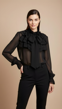 Load image into Gallery viewer, Black ruffled chiffon blouse in women&#39;s sizes XS S M L XL 2XL 3XL 4XL