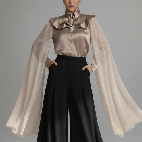 Chiffon Details Lapel Collar Silk Women’s Blouse