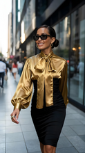 Load image into Gallery viewer, Gold pussy-bow silk puff sleeve blouse in sizes women XS S M L XL 2XL 3XL 4XL