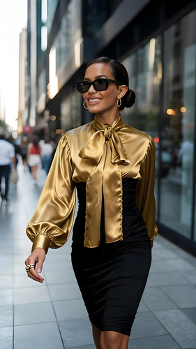 Gold pussy-bow silk puff sleeve blouse in sizes women XS S M L XL 2XL 3XL 4XL