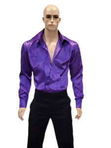 Purple Pleated Front Satin Dress Shirt