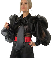 Load image into Gallery viewer, Sheer Ruched Sleeve Organza &amp; Satin  Bow Blouse