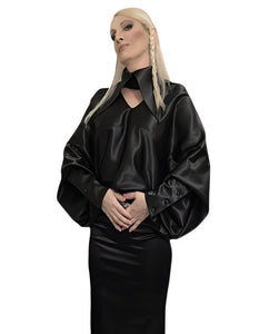 Oversized Collar Silk Satin Dolman Sleeve Shirt Dress