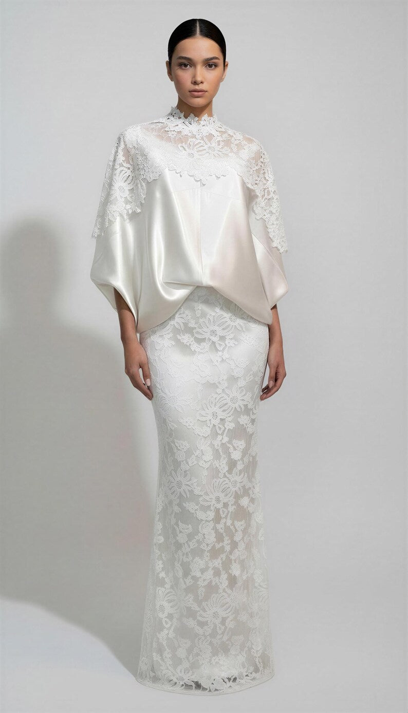 Dolman Sleeves Lace Details Silk Wedding Dress