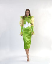 Load image into Gallery viewer, Chartreuse High Waist Satin Pencil Skirt in Sizes XS S M L XL 2XL 3XL