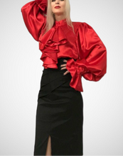 Load image into Gallery viewer, Ruffle Cascade Puff Sleeve Silk Charmeuse Shirt