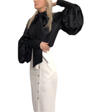 Load image into Gallery viewer, Raglan Puff Sleeve Silk Charmeuse Loose-Fitting Bow Blouse
