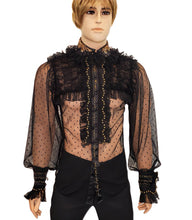 Load image into Gallery viewer, Black dotted mesh ruffled shirt in sizes msn S M L XL 2XL 3XL