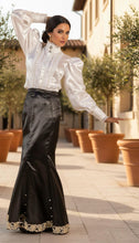 Load image into Gallery viewer, Black long pearl embellished satin tulip skirt in XS S M L XL 2XL 3XL