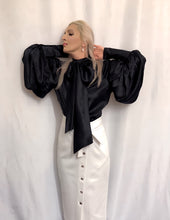 Load image into Gallery viewer, Raglan Puff Sleeve Silk Charmeuse Loose-Fitting Bow Blouse