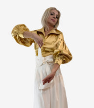 Load image into Gallery viewer, Gold Satin Balloon Sleeve Blouse