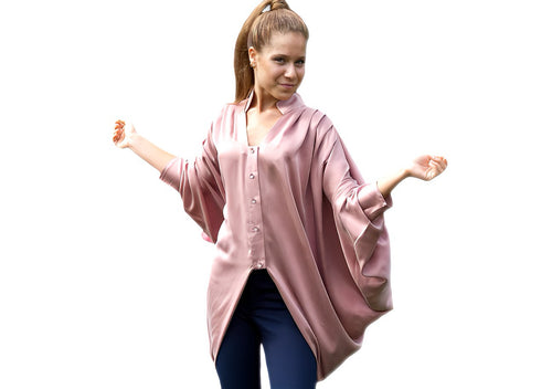 Dusty pink draped silk batwing top
