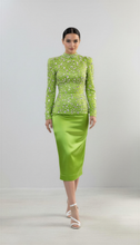 Load image into Gallery viewer, Chartreuse High Waist Satin Pencil Skirt in Sizes XS S M L XL 2XL 3XL