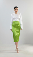 Load image into Gallery viewer, Chartreuse High Waist Satin Pencil Skirt in Sizes XS S M L XL 2XL 3XL