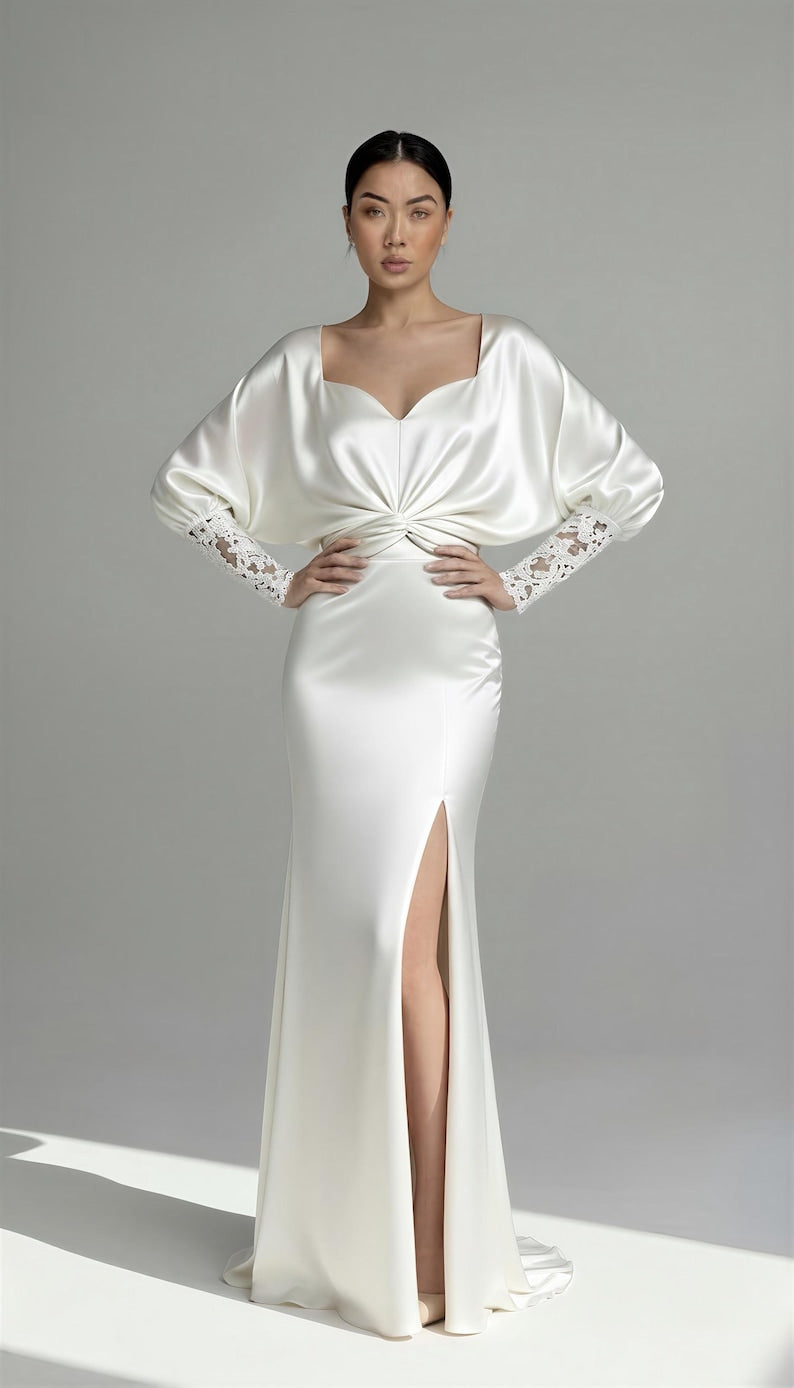 Dolman Sleeves Sweetheart Silk Wedding Dress With Lace Details