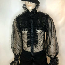 Load image into Gallery viewer, Black dotted mesh ruffled shirt in sizes msn S M L XL 2XL 3XL