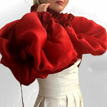 Load image into Gallery viewer, Red Frill Satin Shirt &amp; Extra Long Satin Faced Silk Organza Sleeves in sizes XS S M L XL 2XL 3XL 4XL