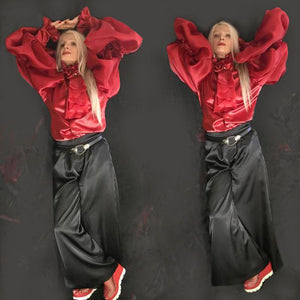 Red Frill Satin Shirt & Extra Long Satin Faced Silk Organza Sleeves in sizes XS S M L XL 2XL 3XL 4XL