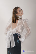Load image into Gallery viewer, White pearl embellished organza open back blouse in XS S M L XL 2XL 3XL