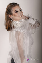 Load image into Gallery viewer, White pearl embellished organza open back blouse in XS S M L XL 2XL 3XL
