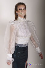Load image into Gallery viewer, White pearl embellished organza open back blouse in XS S M L XL 2XL 3XL