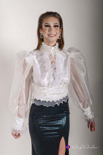White pearl embellished organza open back blouse in XS S M L XL 2XL 3XL
