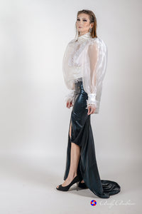 White pearl embellished organza open back blouse in XS S M L XL 2XL 3XL