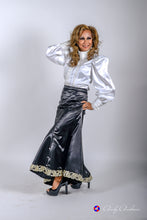 Load image into Gallery viewer, White semi fitting satin-lace puff blouse in sizes XS S M L XL 2XL 3XL 4XL