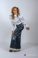 Load image into Gallery viewer, White semi fitting satin-lace puff blouse in sizes XS S M L XL 2XL 3XL 4XL