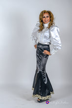 Load image into Gallery viewer, White semi fitting satin-lace puff blouse in sizes XS S M L XL 2XL 3XL 4XL