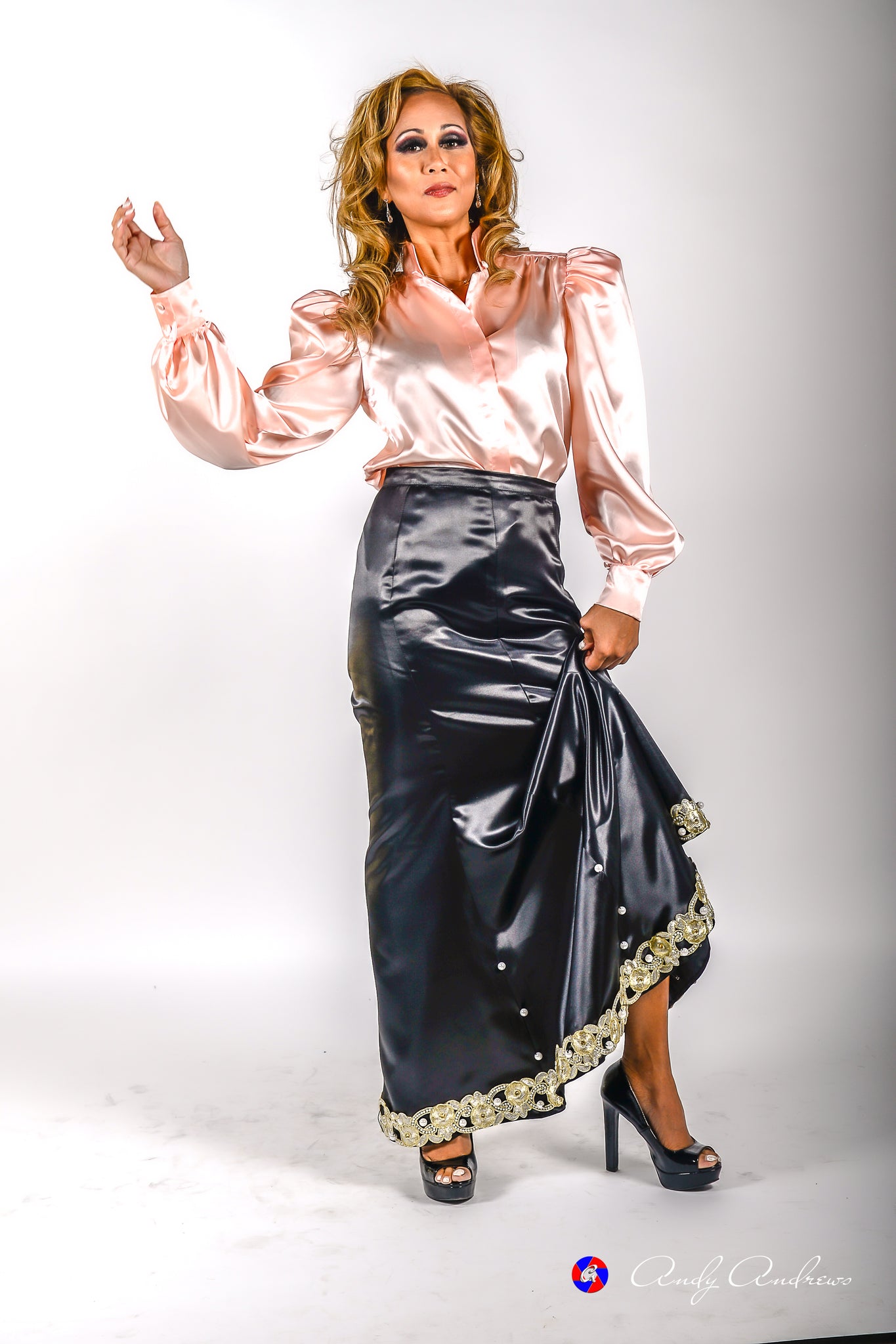 Black long pearl embellished satin tulip skirt in XS S M L XL 2XL