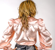 Load image into Gallery viewer, Peach loose-fitting mandarin collar satin blouse in XS S M L XL 2XL 3XL 4XL